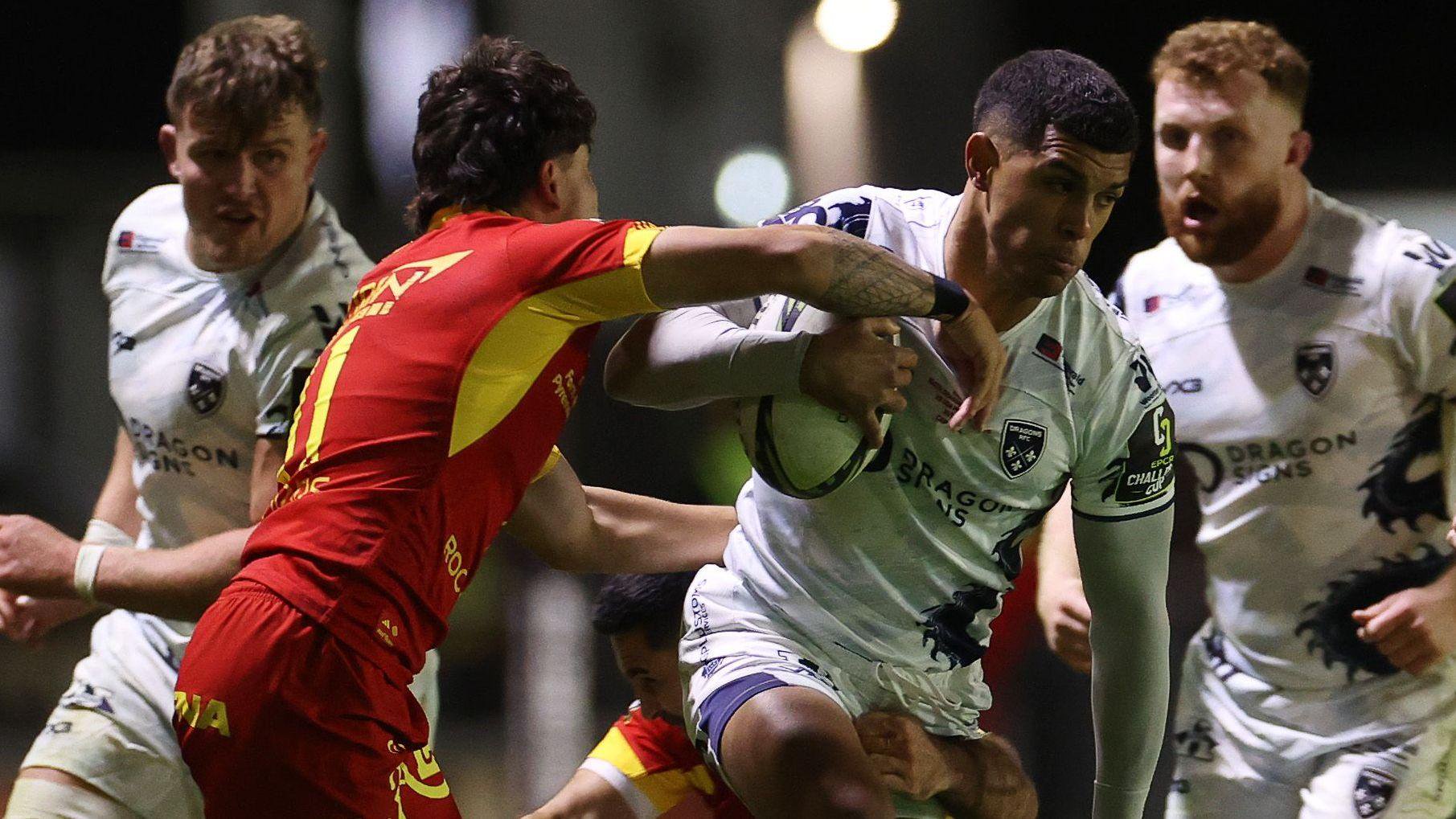 Rio Dyer carries the ball for Dragons against Perpignan