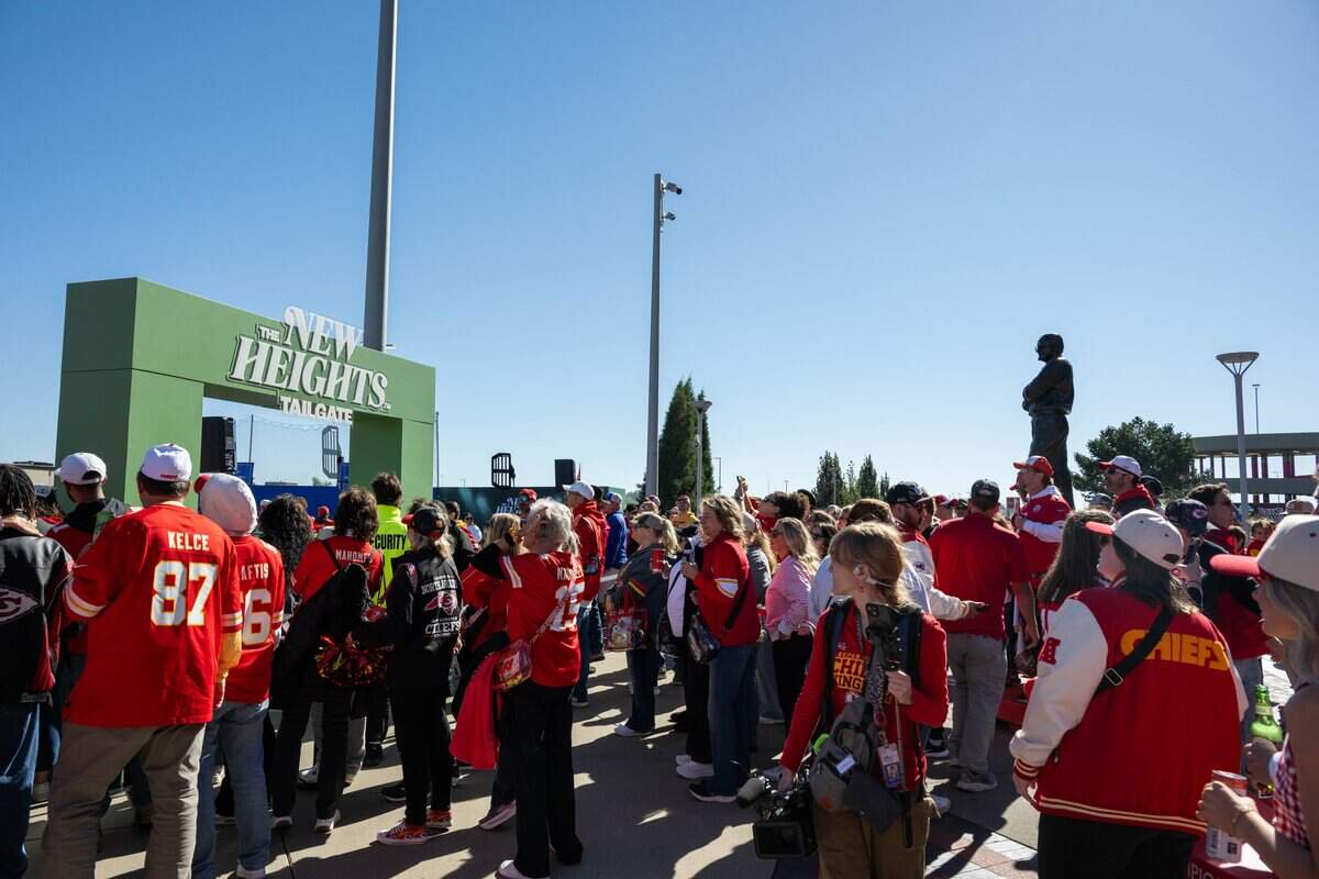 New Heights hold a tailgate outside the stadium prior to the Chiefs game vs. the Los Angeles Chargers, on Sunday, October 18, 2026, at Arrowhead Stadium.