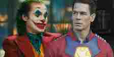 A split image of Arthur Fleck from Joker and John Cena in his Peacemaker outfit
