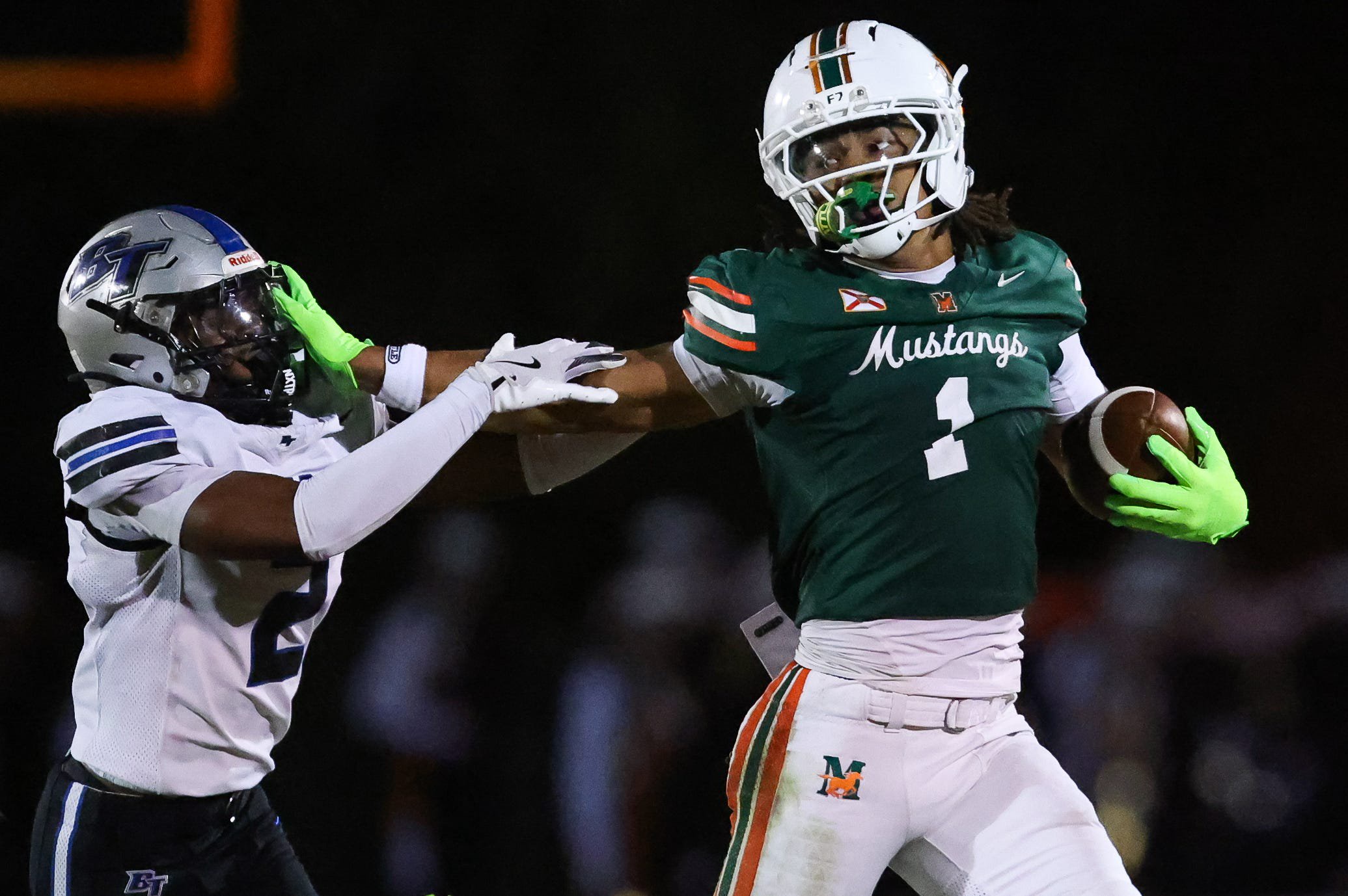 Mandarin Mustangs wide receiver Brysen Wright (1) pushes off Bartram Trail Bears cb wr Lincoln Scott (2) in the second quarter. The Mandarin Mustangs hosted the Bartram Trail Bears Friday, October 23, 2026 at Mandarin High School in Jacksonville, Fla.