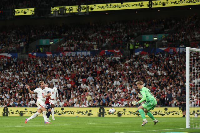 Harry Kane sweeps home England's second goal against Czech Republic