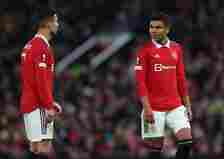 Cristiano Ronaldo and Casemiro during a Europa League game for Manchester United. Image: Getty