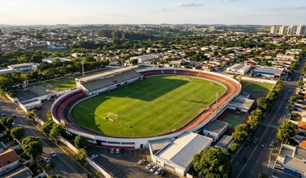 Vista aérea do Estádio Ítalo Mário Limongi em Indaiatuba, local da partida entre Ponte Preta e Atlético-GO pela Série B.