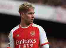 Emile Smith Rowe of Arsenal during the Premier League match between Arsenal FC and Aston Villa at Emirates Stadium on April 14, 2024 in London, Eng...