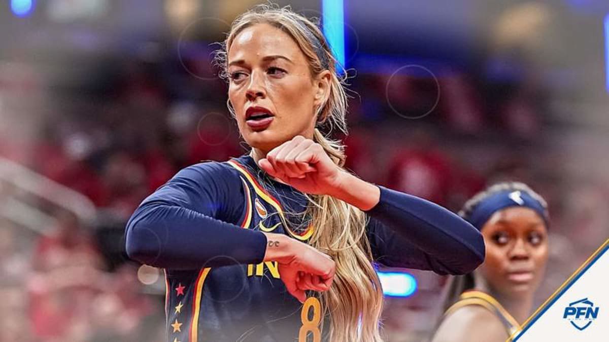 Indiana Fever guard Sophie Cunningham (8) reacts to a call from the referee on Tuesday, Sept. 29, 2026, during the game two of the first round of the WNBA Playoffs at Gainbrigde Fieldhouse in Indianapolis.
