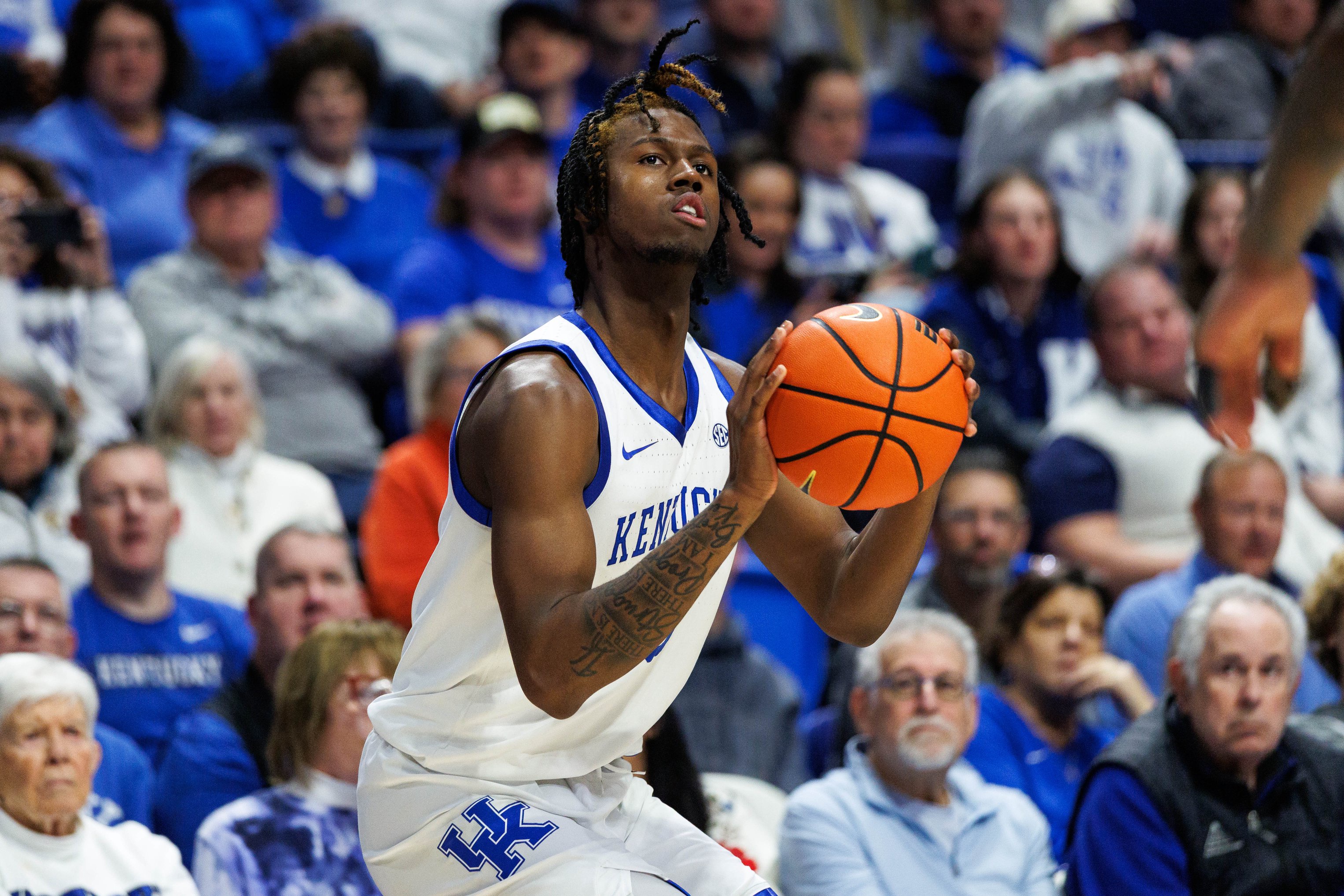 Jan 10, 2026; Lexington, Kentucky, USA; Kentucky Wildcats guard Kam Williams (3) shoots the ball during the second half against the Mississippi State Bulldogs at Rupp Arena at Central Bank Center. Mandatory Credit: Jordan Prather-Imagn Images