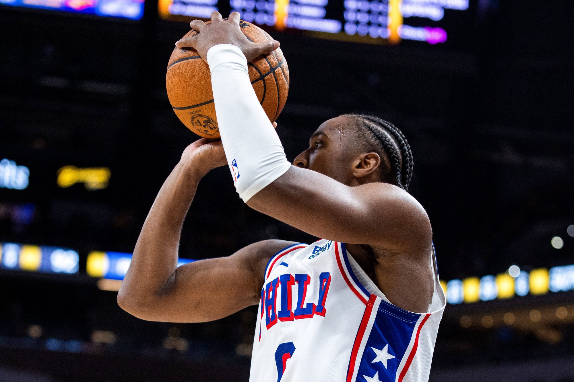 Oct 28, 2026; Indianapolis, Indiana, USA;  Philadelphia 76ers guard Tyrese Maxey (0) shoots the ball  in the second half against the Indiana Pacers at Gainbridge Fieldhouse.  Mandatory Credit: Trevor Ruszkowski-Imagn Images