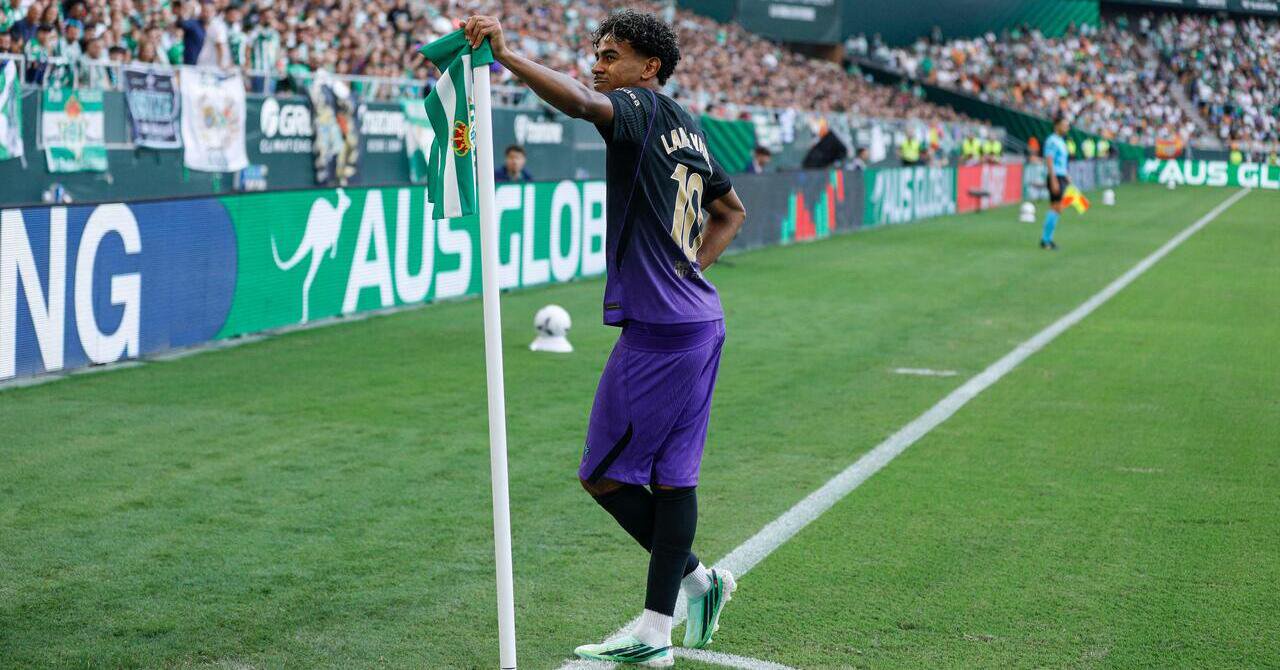Barcelona winger Lamine Yamal celebrates his wonder goal at Real Betis