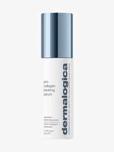 Dermalogica Pro Collagen Banking Serum in white bottle with metallic blue cap on light gray background