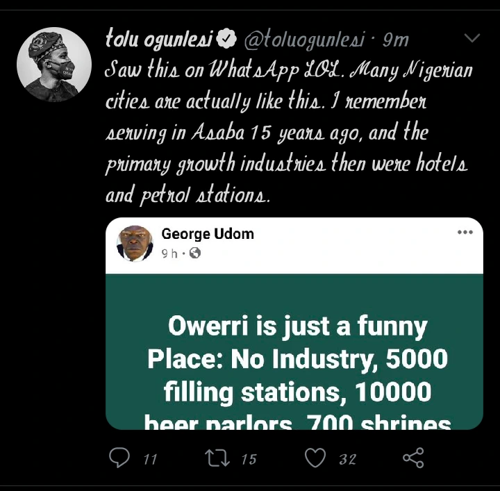 Reaction As Man Shares "Owerri is just a funny place, no Industry, 5000 filling stations, 2M hotels