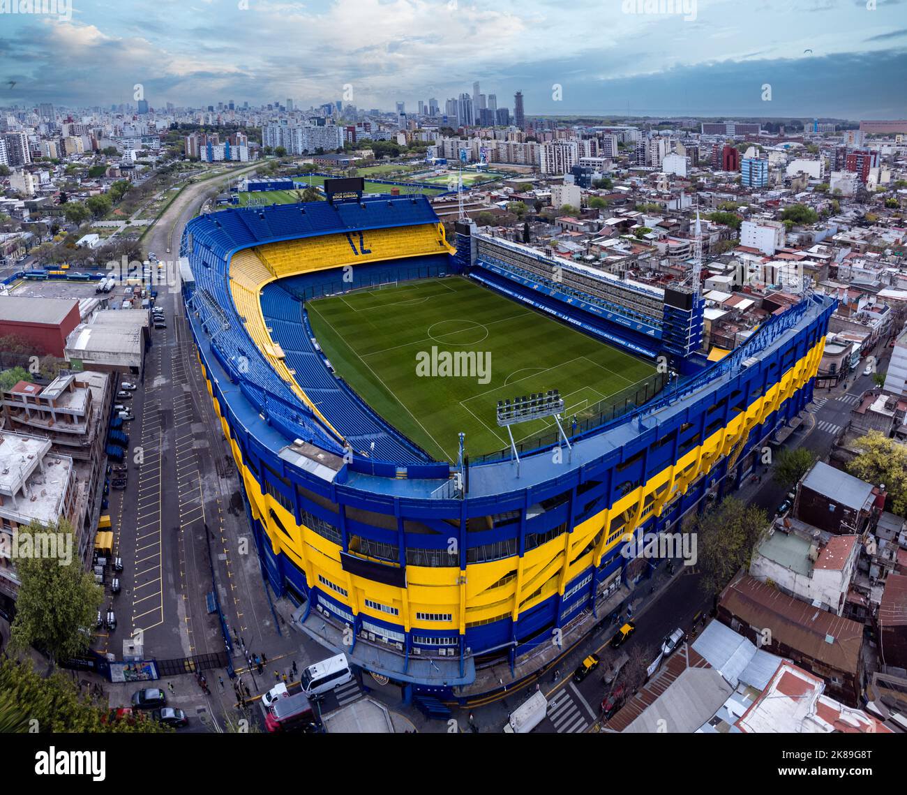 Drone shot of la bombonera stadium home of club atletico boca juniors la boca neighborhood in buenos aires