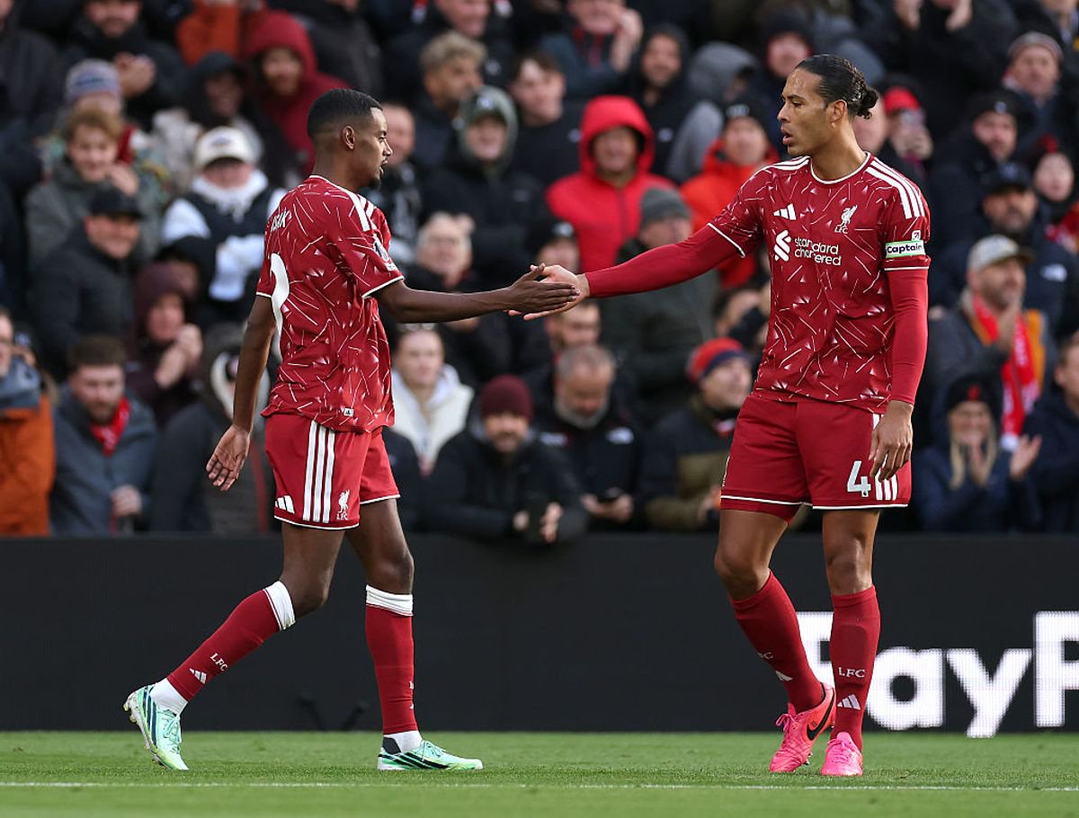 LIVERPOOL, ENGLAND - OCTOBER 25: Alexander Isak of Liverpool celebrates scoring his team’s second goal with Virgil van Dijk during the Premier League 2026/27 match between Liverpool FC and Brighton & Hove Albion at Anfield on October 25, 2026 in Liverpool, England. (Photo by Jan Kruger/Getty Images)