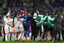Players and Staff of Leeds United celebrate progressing to Wembley  during the Sky Bet Championship Play-Off Semi-Final 2nd Leg match between Leeds...