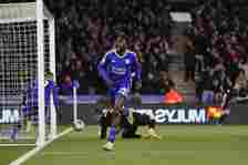 Wilfred Ndidi of Leicester City is celebrating after scoring the team's second goal during the Sky Bet Championship match between Leicester City an...