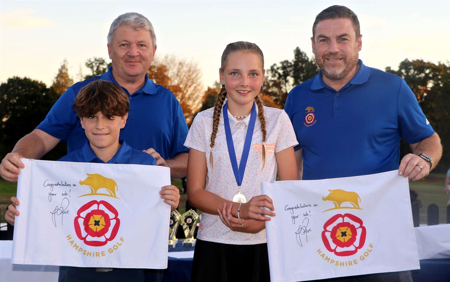 Jack Turnball (Rowlands Castle) and Barton-on-Sea”s Ava Haines - winners of the Future Champions Tour Order of Merit after the 2026 Tour Championship at Ampfield Golf & Country Club, with Hampshire Golf Secretary Richard Arnold (back left) and FCT co-ordinator Kevin Caplehorn. Picture: Andrew Griffin / AMG Pictures
