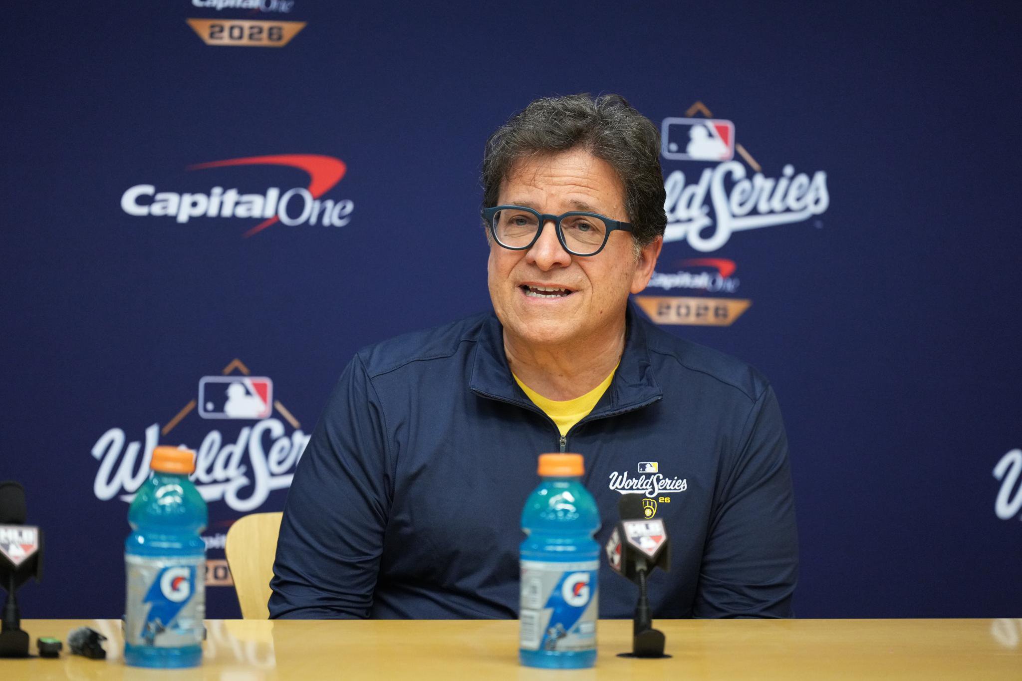 Milwaukee Brewers Chairman and Principal Owner Mark Attanasio speaks at a press conference before a workout session.