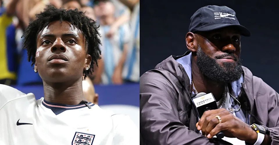IShowSpeed in an England football jersey and LeBron James wearing a black cap and jacket.