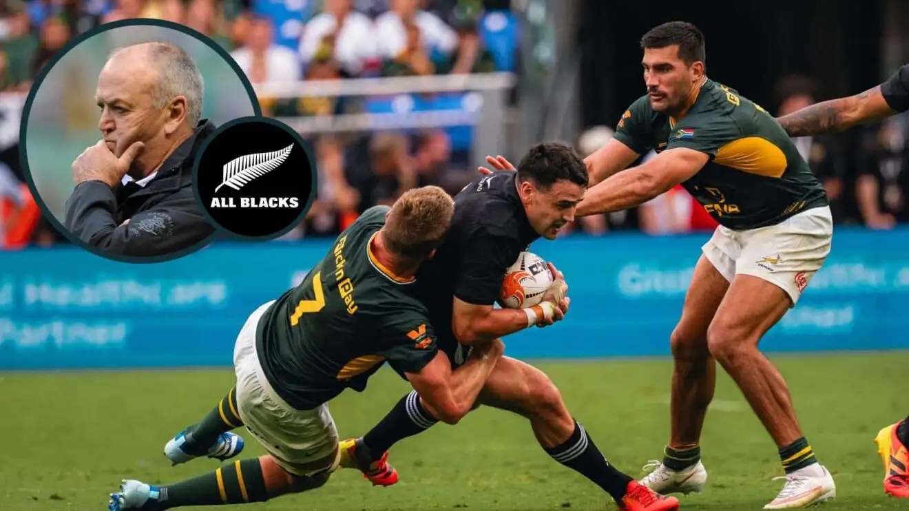 All Blacks' back Will Jordan is tackled by Springboks flanker Pieter-Steph du Toit and an inset of Sir Graham Henry.