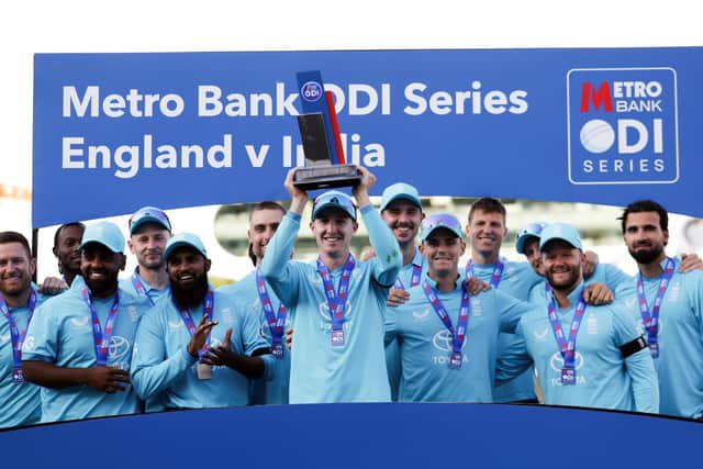ON THE UP: England's Harry Brook and his team-mates celebrate their ODI series win over India at Lord'son Sunday. Picture: Steven Paston/PA.
