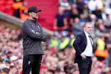 Liverpool manager Jurgen Klopp (left) and Tottenham Hotspur manager Ange Postecoglou during the Premier League match at Anfield