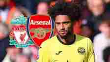 Brentford star Kevin Schade with Arsenal and Liverpool badges