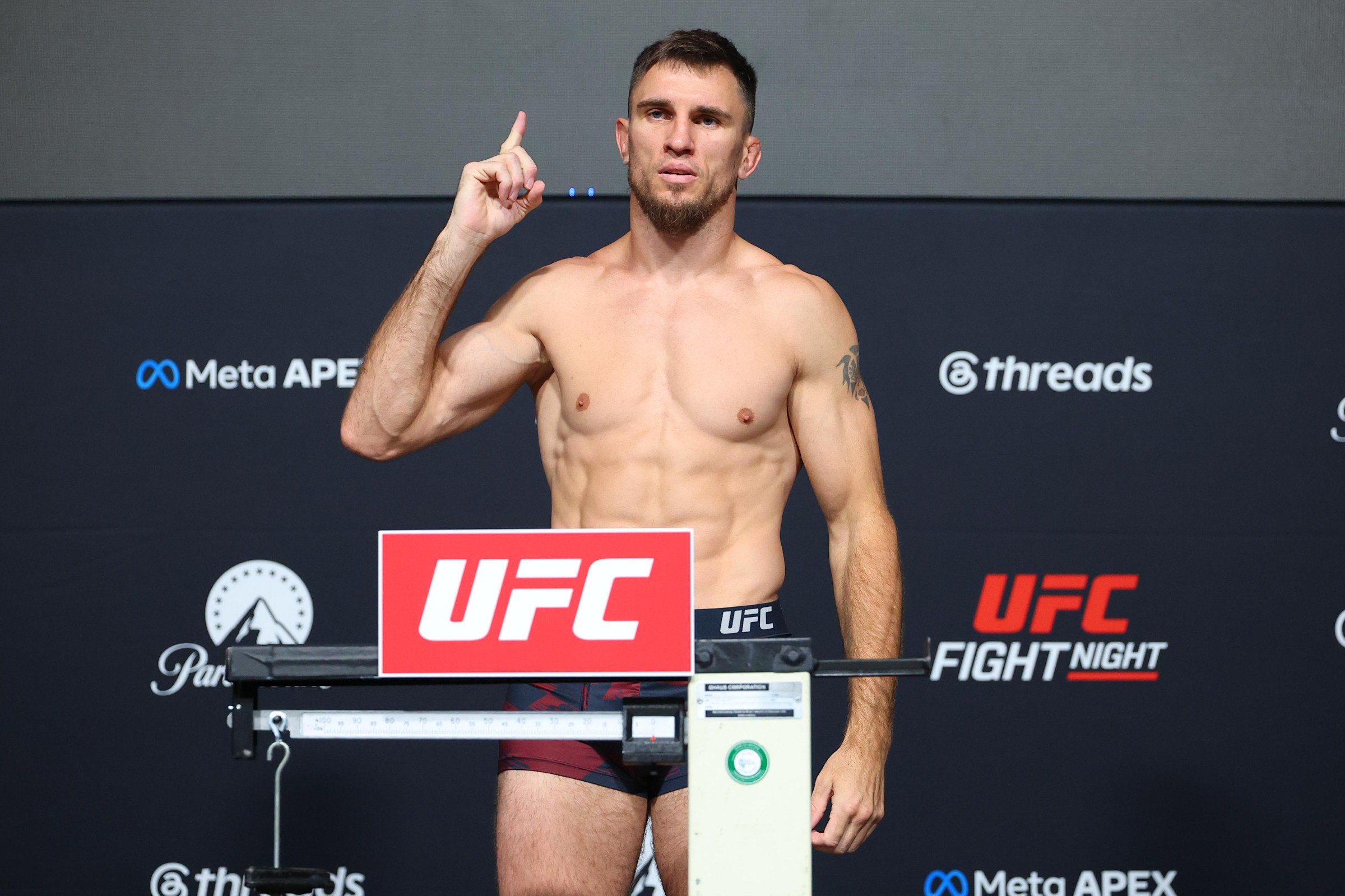 LAS VEGAS, NEVADA - MAY 15: Nikolay Veretennikov poses on the scale during the official weigh-in for UFC Fight Night at Meta APEX on May 15, 2026 in Las Vegas, Nevada. (Photo by Ed Mulholland/Zuffa LLC via Getty Images)