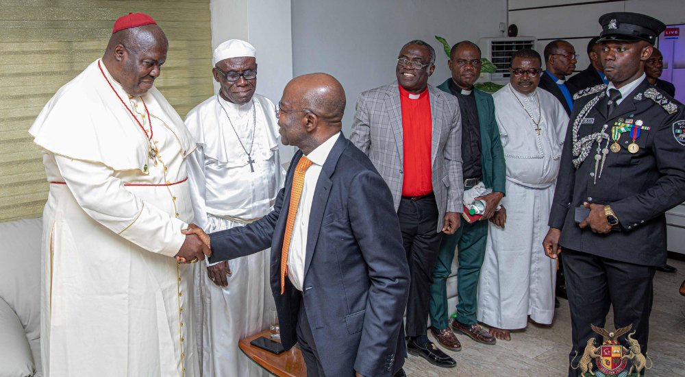 Governor Alex Otti Having A Handshake With The Methodist Archbishop of Umuahia, Most Rev. Dr. Chibuzor Raphael Opoko.