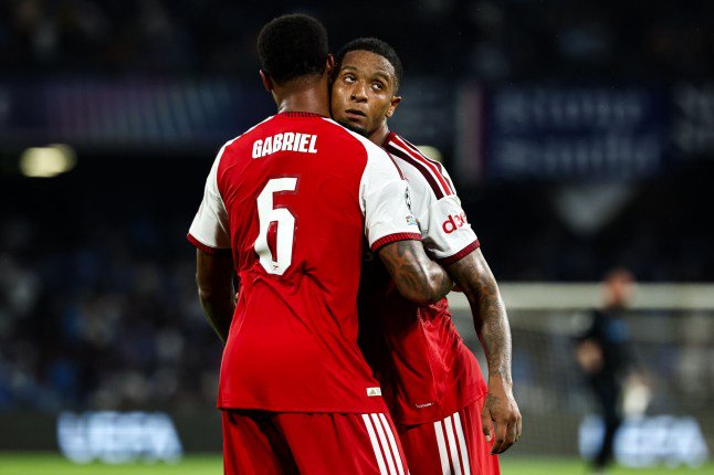 Mandatory Credit: Photo by Cesare Purini/Insidefoto/Shutterstock (17143257bg) Gabriel Magalhaes and Ezri Konsa of Arsenal celebrate at the end of the UEFA Champions League 2026/2027 football match between SSC Napoli and Arsenal FC at Diego Armando Maradona stadium in Naples, (Italy), September 9, 2026. SSC Napoli v Arsenal FC, Champions League, Football, Diego Armando Maradona stadium, Naples, Italy - 09 Sep 2026
