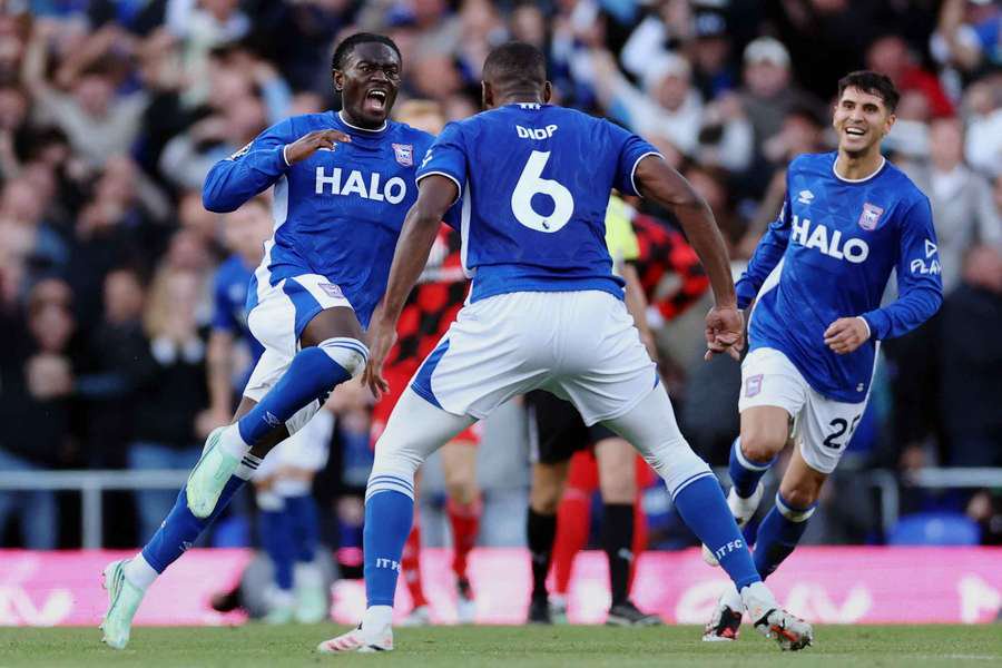 Abdoul Ouattara celebrates scoring Ipswich's equalising goal with Issa Diop