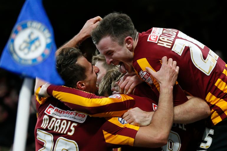 Bradford City’s Filipe Morais (left) celebrates with teammate Andy Halliday after scoring against Chelsea in the FA Cup on January 24, 2015