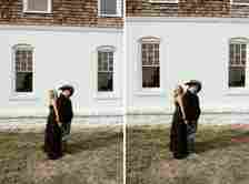 Side-by-side images of a couple standing outdoors in front of a white brick building with square and rectangular windows. The woman, in a black ruffled dress, stands behind the man, who is in jeans, a jacket, and a hat. The man looks down, holding his hat.