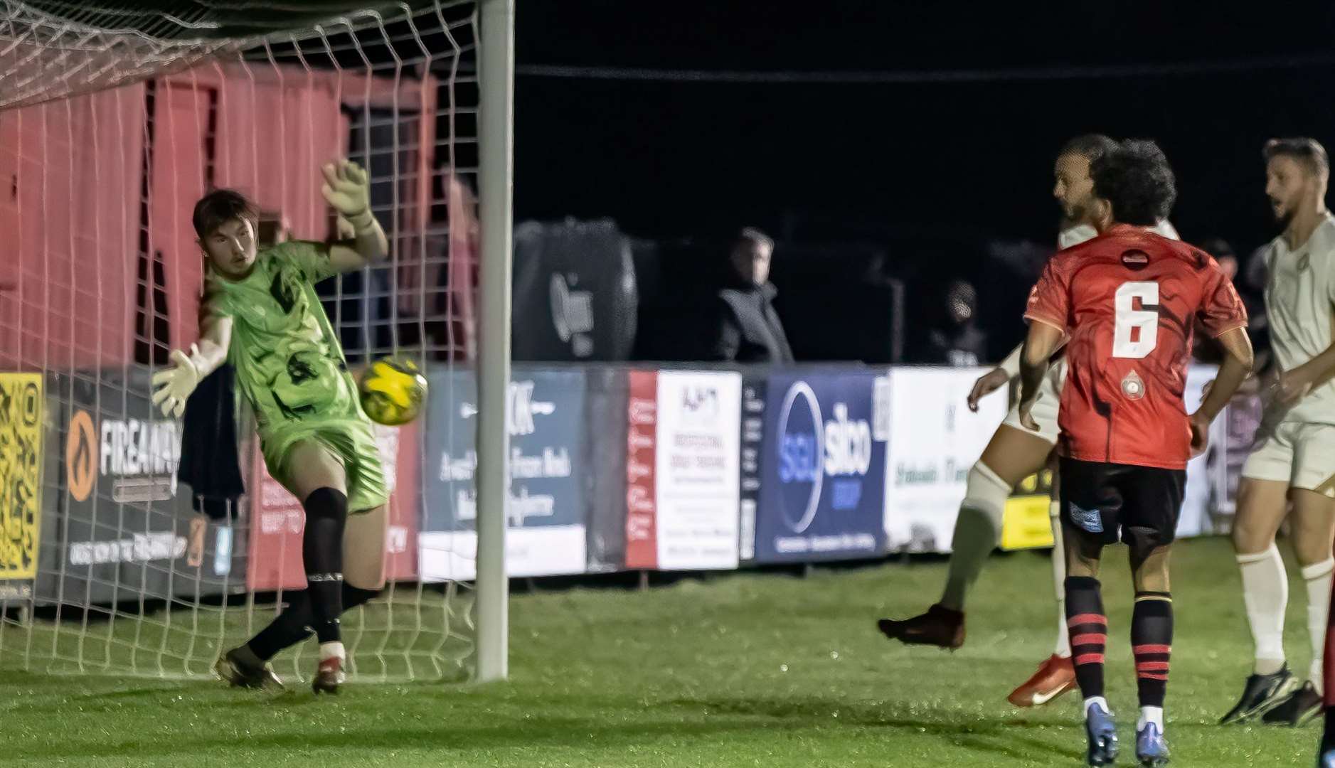 Dean Grant breaks the deadlock for Whitstable Town in a 3-2 win in a midweek derby game at Sittingbourne. Picture: Les Biggs