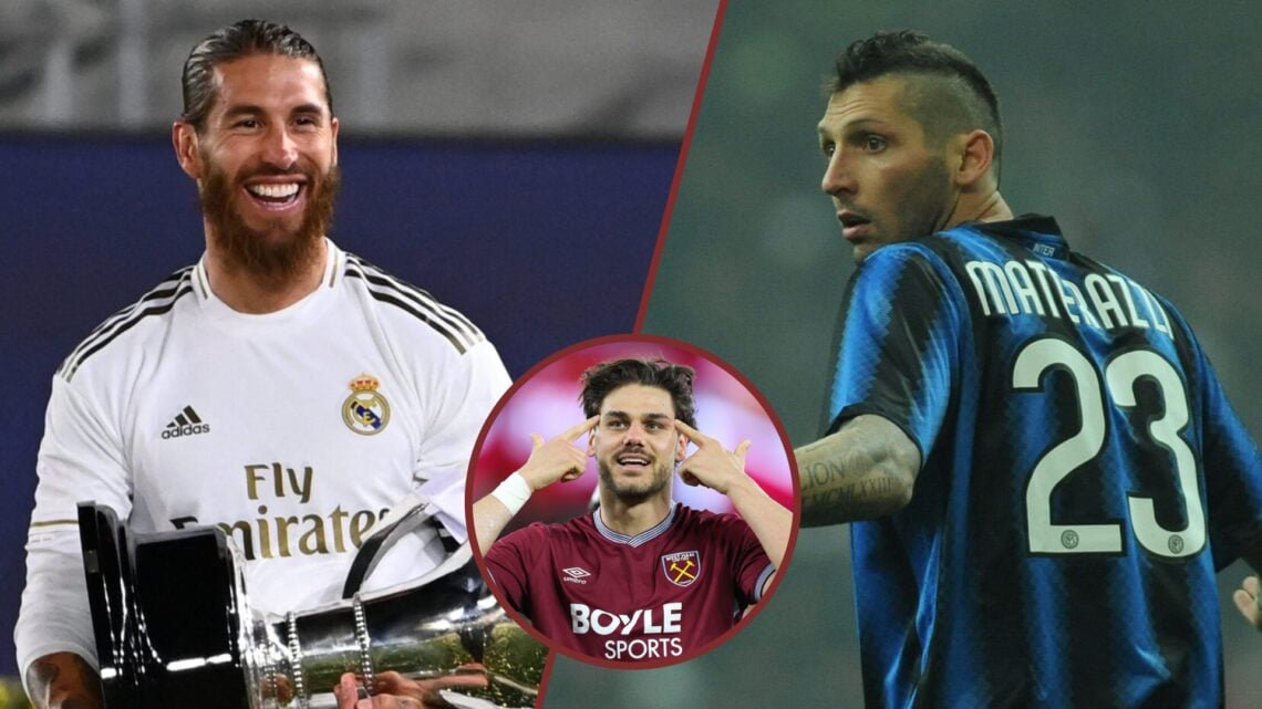 Split image showing Sergio Ramos at Real Madrid, Marco Materazzi at Inter Milan, and West Ham United's Konstantinos Mavropanos