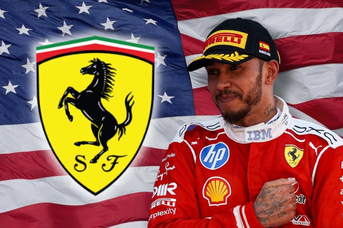 Lewis Hamilton is shown in a composite with a Ferrari badge and a US flag background — Photo: © IMAGO