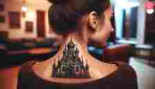 A Russian cathedral tattoo on the nape of the neck
