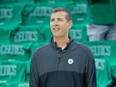 BOSTON, MA - May 21:   Boston Celtics pres. of Operations Brad Stevens watches warm ups  as the Celtics take on the Heat in game 3 of the Eastern Conference Finals at the Garden on May 21, 2022 in , BOSTON, MA.