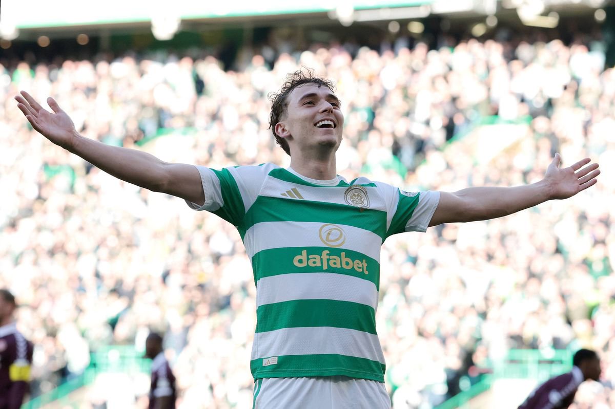 GLASGOW, SCOTLAND - OCTOBER 18: Callum Osmand of Celtic celebrates scoring his team’s third goal during the William Hill Premiership 2026/27 match between Celtic and Heart of Midlothian at Celtic Park on October 18, 2026 in Glasgow, Scotland. (Photo by Ian MacNicol/Getty Images)
