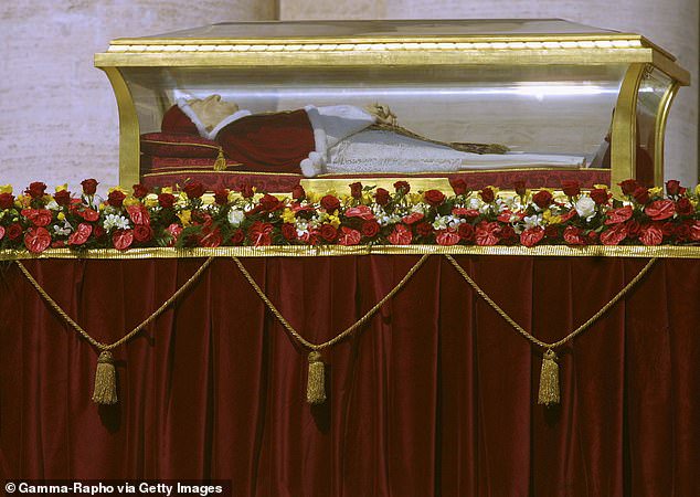 The embalmed corpse of Pope John XXIII at the Vatican on June 2, 2001. His face was covered with a thin layer of wax. John XXIII died in 1963