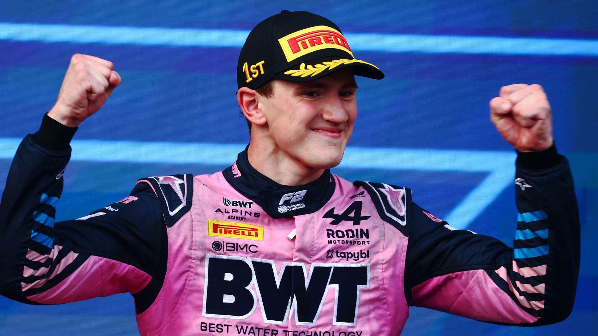 Alex Dunne celebrates on the Formula 2 podium in Baku