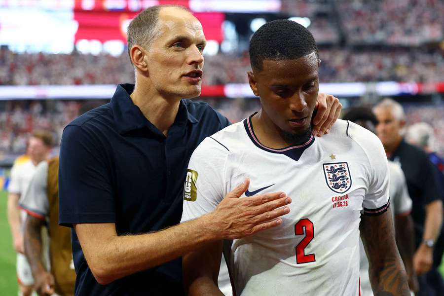 England head coach Thomas Tuchel with Ezri Konsa.