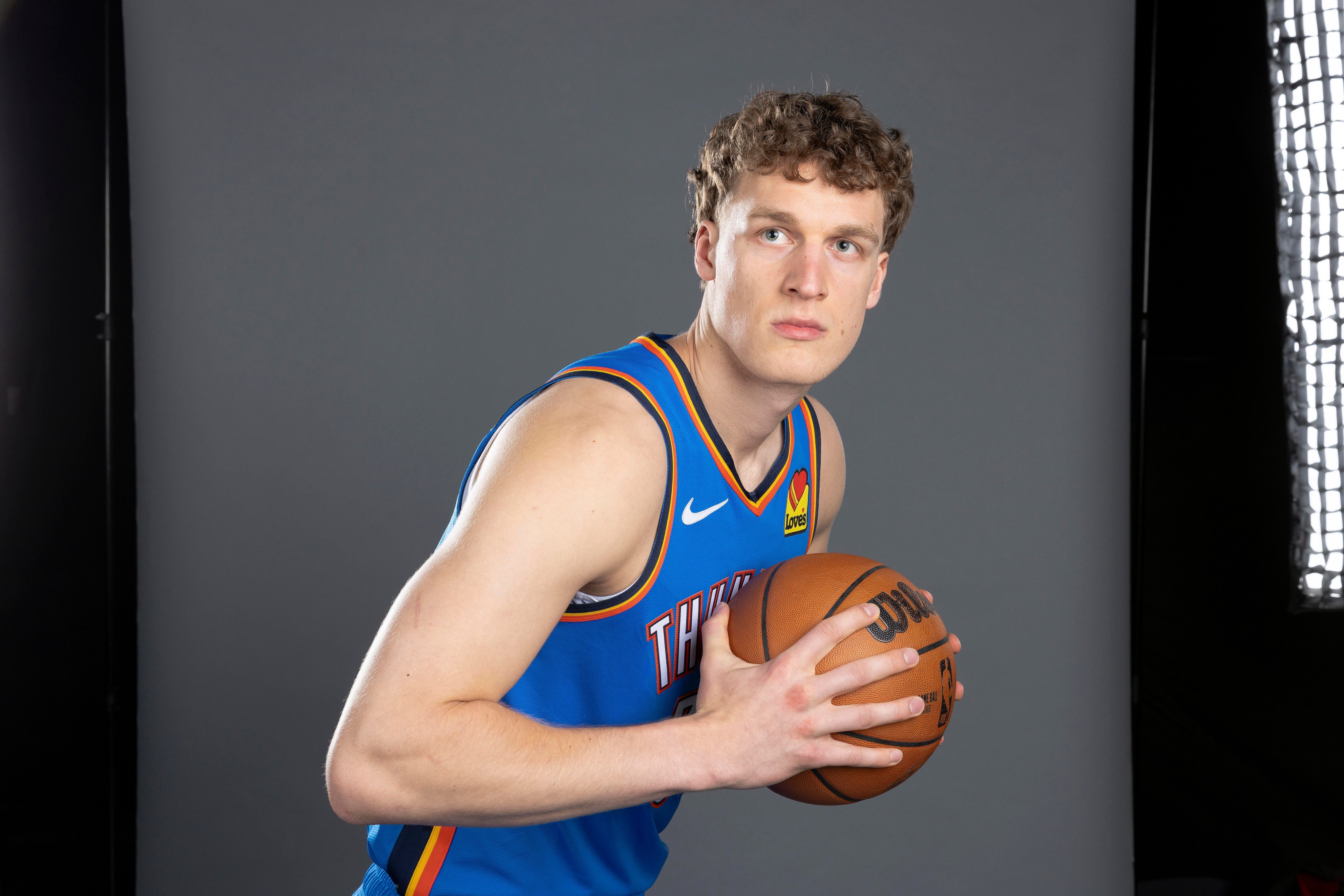 Sep 28, 2026; Oklahoma City, OK, USA; Oklahoma City Thunder center Christoph Tilly (33) poses for a photo during Oklahoma City Thunder Media Day at Paycom Center. Mandatory Credit: Alonzo Adams-Imagn Images