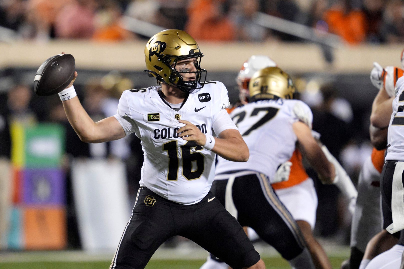 Colorado Buffaloes quarterback Isaac Wilson (16) throws a pass during a college football game between the Oklahoma State Cowboys (OSU) and the Colorado Buffaloes at Boone Pickens Stadium in Stillwater, Okla., Saturday, Oct. 24, 2026.