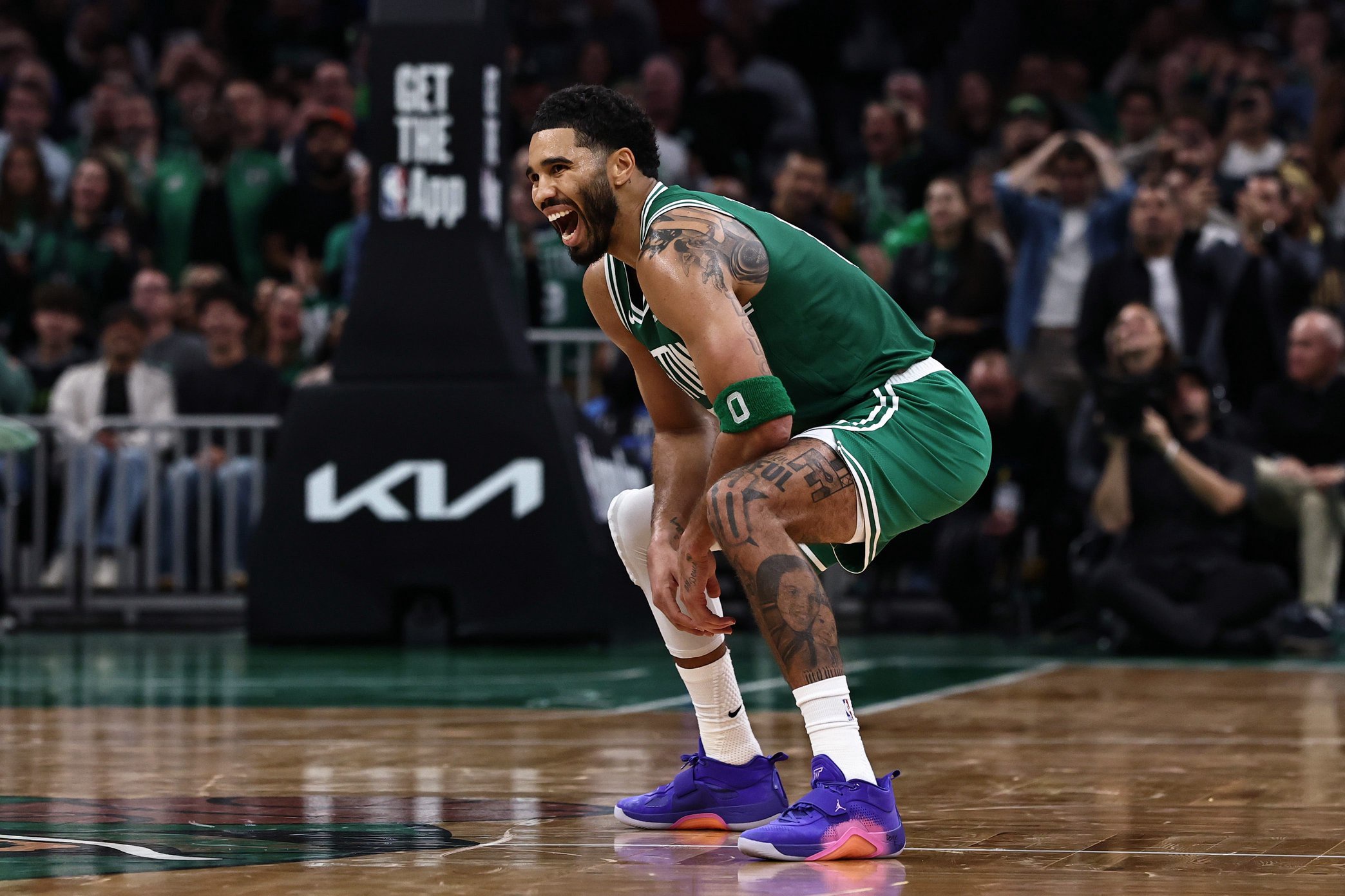 Oct 23, 2026; Boston, Massachusetts, USA; Boston Celtics forward Jayson Tatum (0) reacts during the second half against the New York Knicks at TD Garden. Mandatory Credit: Winslow Townson-Imagn Images