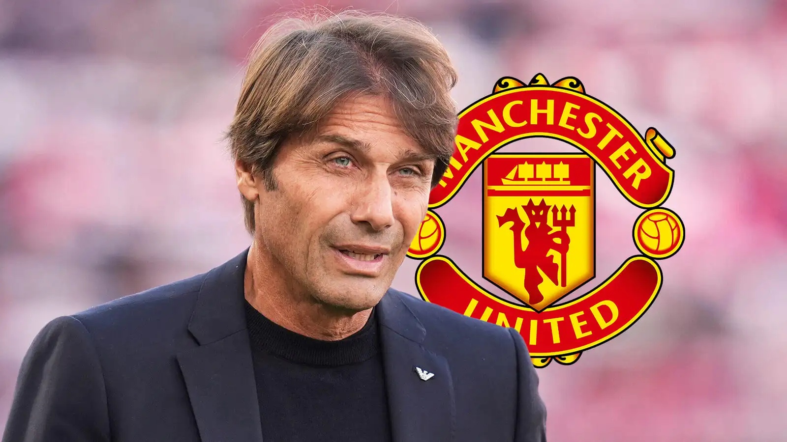 Antonio Conte with Manchester United's badge next to him - copyright TEAMtalk