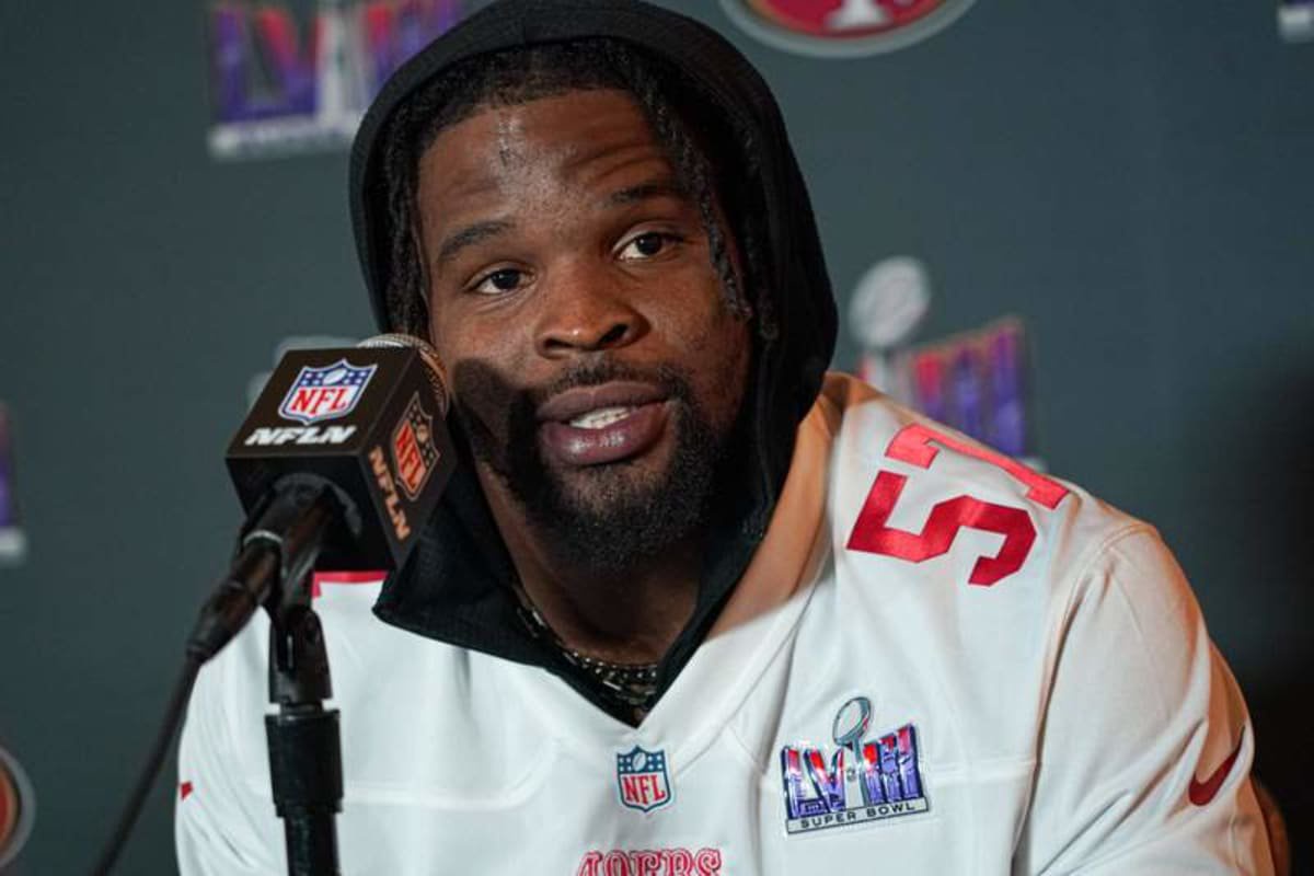 2024 Super Bowl LVIII 49ers press conference, PK, Pressekonferenz Henderson, Nevada, USA Henderson, Nevada, USA, February 8, 2024, 49ers linebacker Dre Greenlaw during the Pre Super Bowl Press Conference Copyright: xMartyxJean-Louisx ©IMAGO/Marty Jean Louis