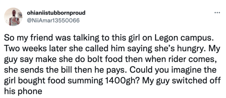 Legon Girl cries after ordering food worth ₵1,400 While the guy expected to pay switched off his phone.
