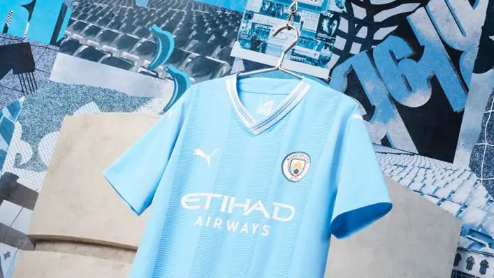 Manchester City's home shirt celebrates 20 years at the Etihad Stadium
