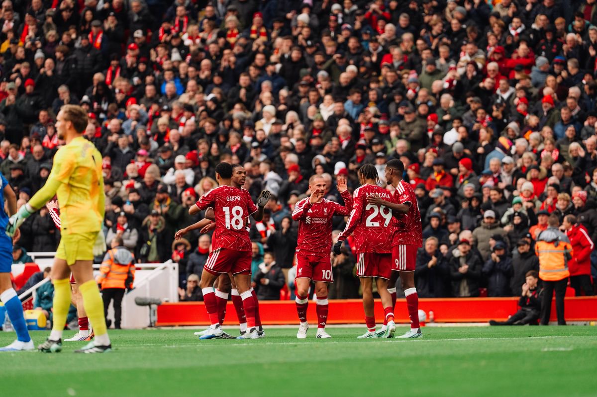 LIVERPOOL, ENGLAND - OCTOBER 25: Liverpool celebrate in the Premier League 2026/27 match between Liverpool FC and Brighton & Hove Albion at Anfield on October 25, 2026 in Liverpool, England. (Photo by Liverpool FC/Liverpool FC via Getty Images)
