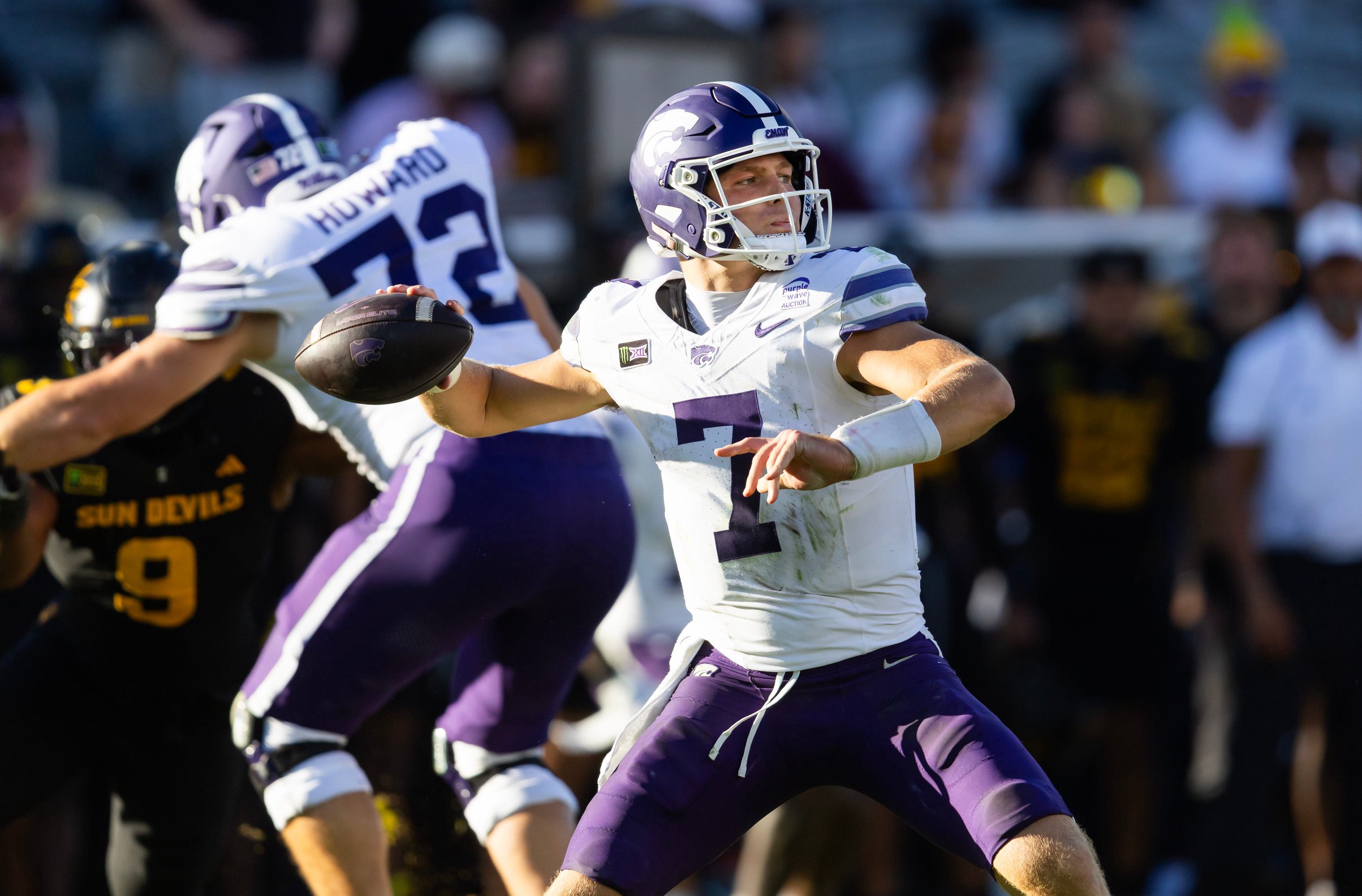 Oct 24, 2026; Tempe, Arizona, USA; Kansas State Wildcats quarterback Jacob Knuth (7) against the Arizona State Sun Devils in the second half at Mountain America Stadium. Mandatory Credit: Mark J. Rebilas-Imagn Images