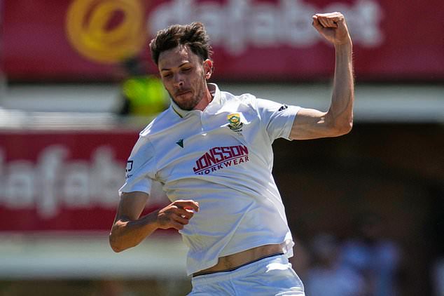 South Africa's Marco Jansen celebrates the wicket of Australia's Alex Carey during day four of the second cricket test match between South Africa and Australia, in Gqeberha, South Africa, Wednesday, Oct. 21, 2026. (AP Photo/Themba Hadebe)